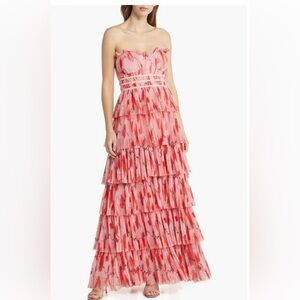 HUTCH Monaco Strapless Ruffle Tiered Plissé Gown